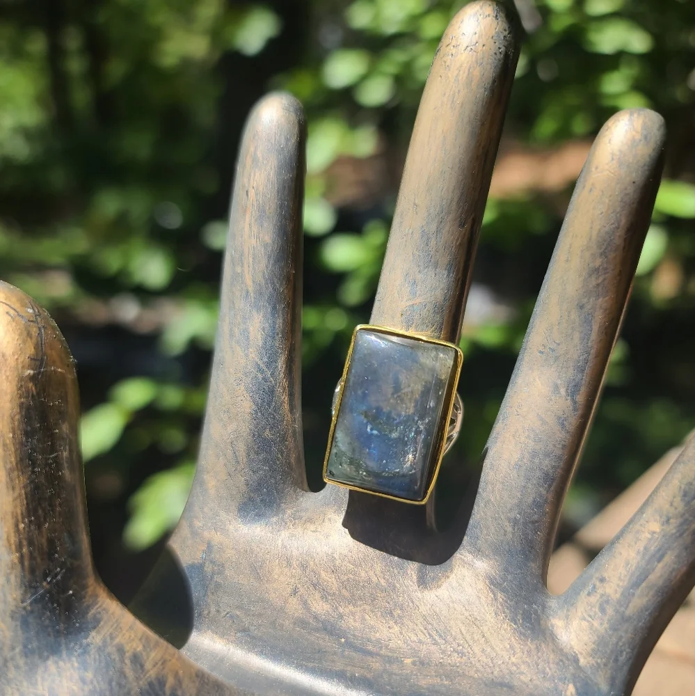 SOLD! Laboradite 13k square pillow sterling & gold ring sz 8.5 - Picture 6 of 9